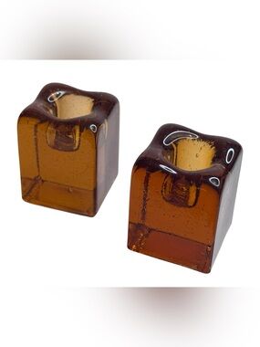 Blenko Amber Glass Ice Cube Shaped Candle Holders